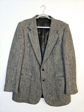 Vintage Harris Tweed Blazer Size 46 Tall 100% Wool Herringbone Jacket